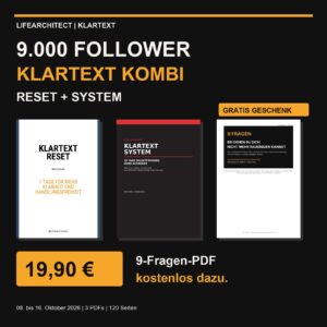 9.000 Follower Aktion: Klartext Reset und System für 19,90 Euro mit der 9-Fragen-PDF kostenlos als Geschenk, 8. bis 16. Oktober 2026